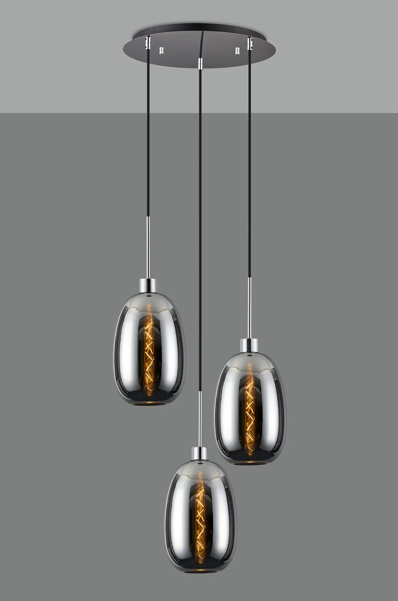 Lori 40cm Round Pendant, 3 Light Adjustable E27, Polished Chrome/Chrome Slim Curved Trapezium Shades DK1268  Deco Lori Polished Chrome